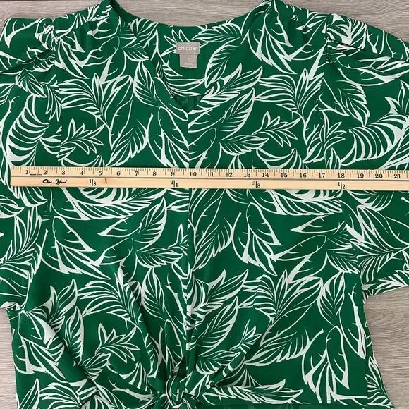 Chicos Tie-Front Green Palm V-Neck Tropical Blouse Green Sz 0 US 4/6 Small - Picture 11 of 11